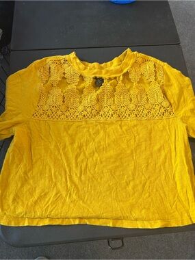 Women's Yellow Crochet Yoke Short Sleeve Top